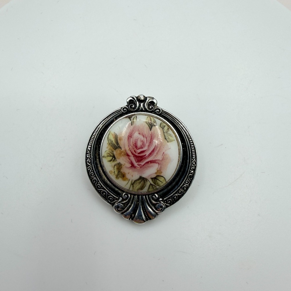 Vintage 80s SilverTone Scarf Clip Pink Rose Floral Glass Cabochon Boho Accessory - Picture 4 of 8